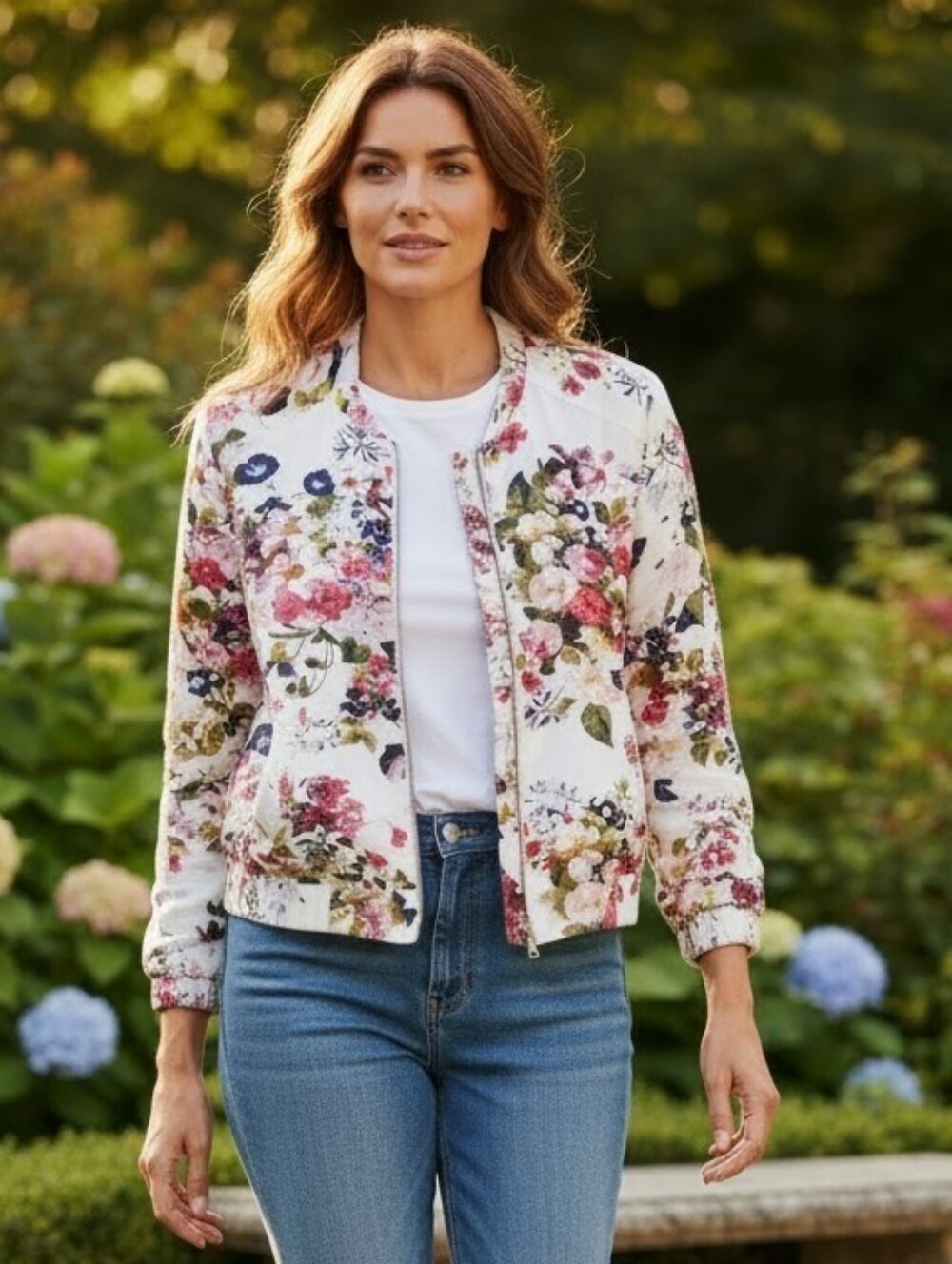 Linen Blended Forever 21 White Floral Zip Bomber Jacket